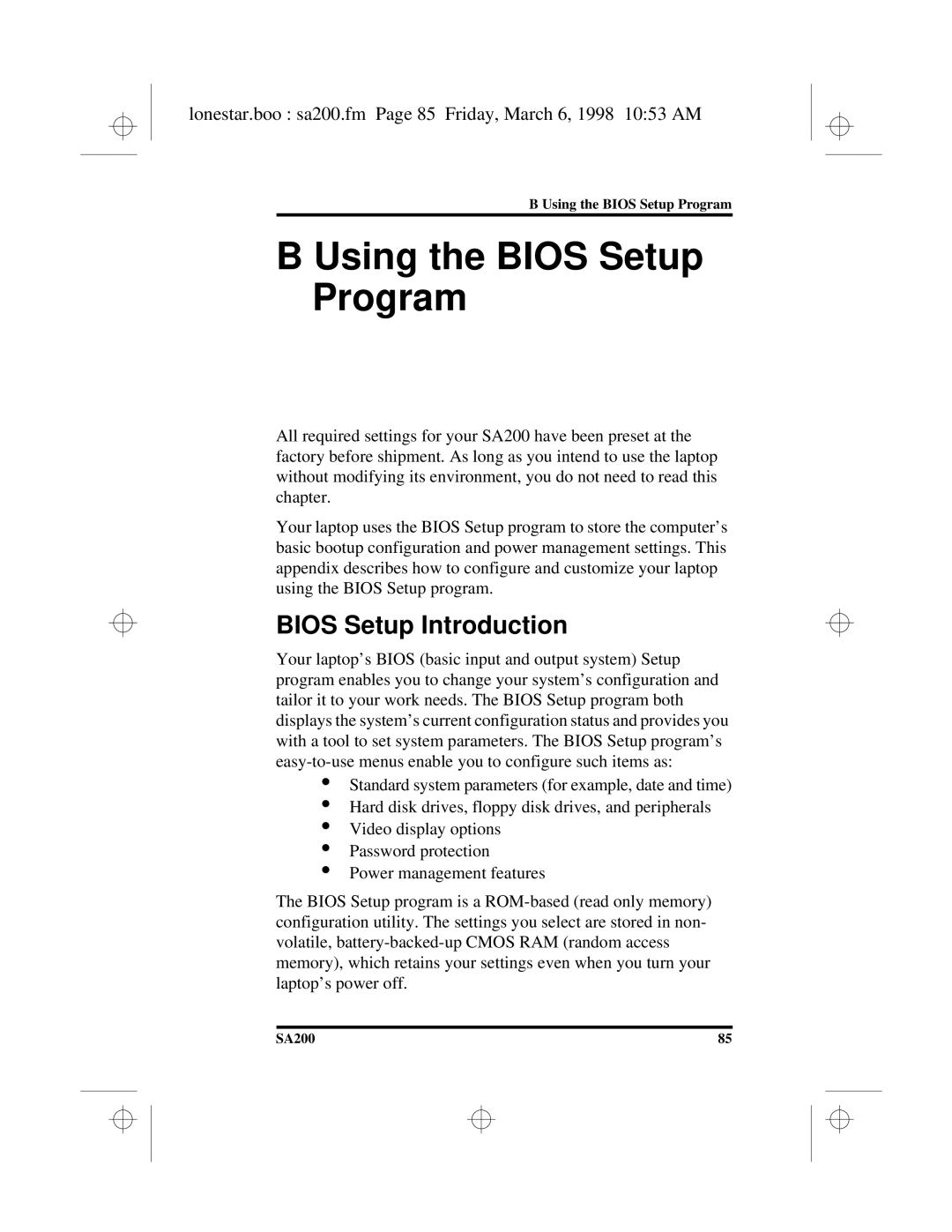 Hitachi SA200 manual Using the Bios Setup Program, Bios Setup Introduction 