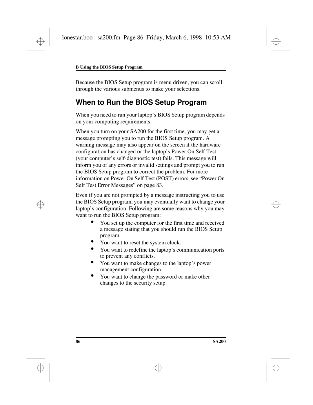 Hitachi SA200 manual When to Run the Bios Setup Program, Lonestar.boo sa200.fm Page 86 Friday, March 6, 1998 1053 AM 