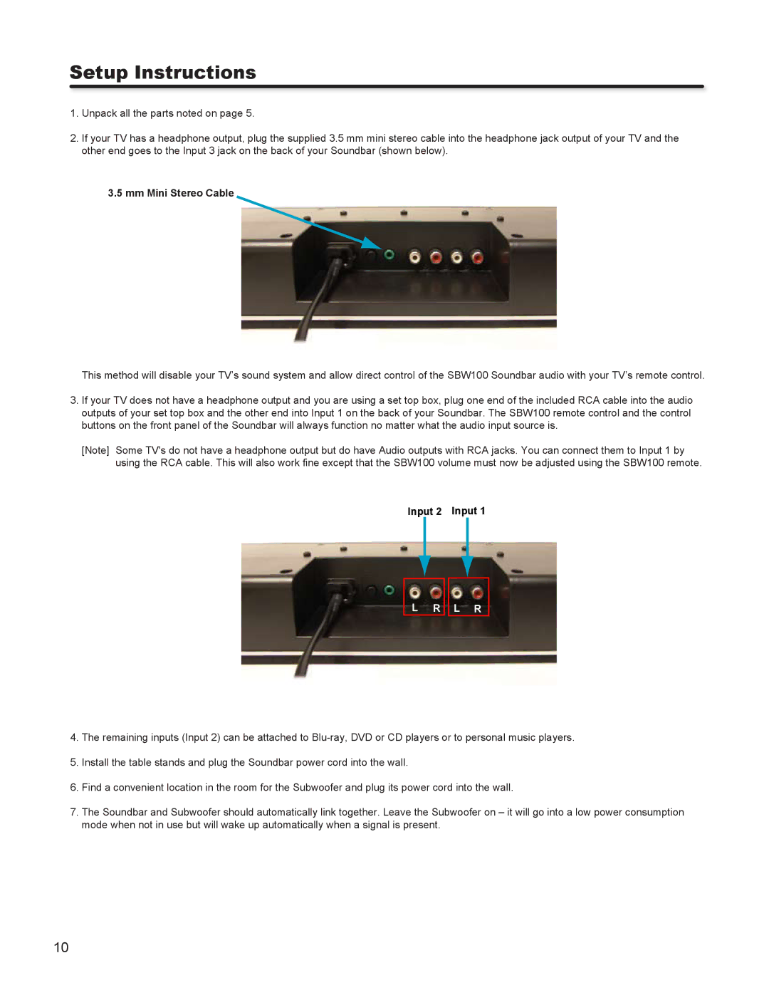 Hitachi SBW100 important safety instructions Setup Instructions, Mm Mini Stereo Cable, Input 2 Input 