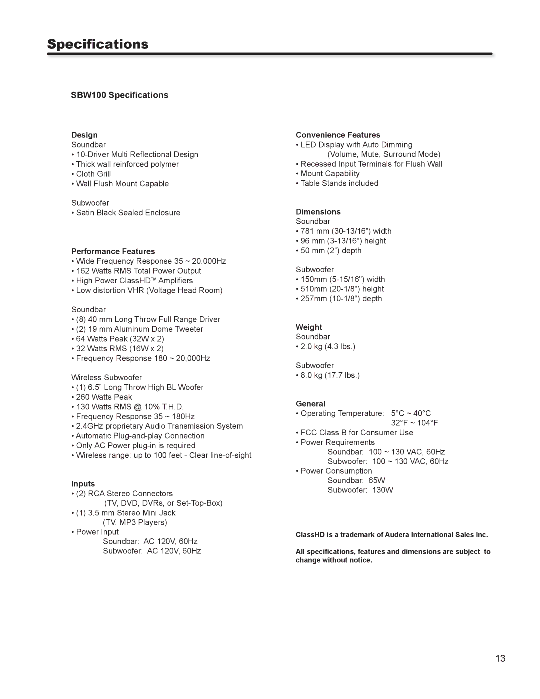 Hitachi important safety instructions SBW100 Specifications 