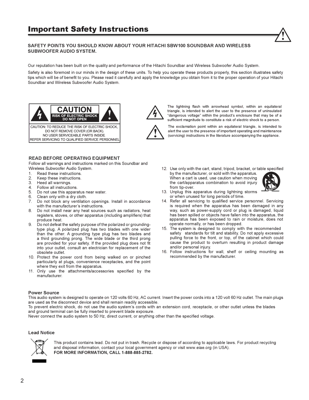 Hitachi SBW100 Important Safety Instructions, Read Before Operating Equipment, Power Source, Lead Notice 