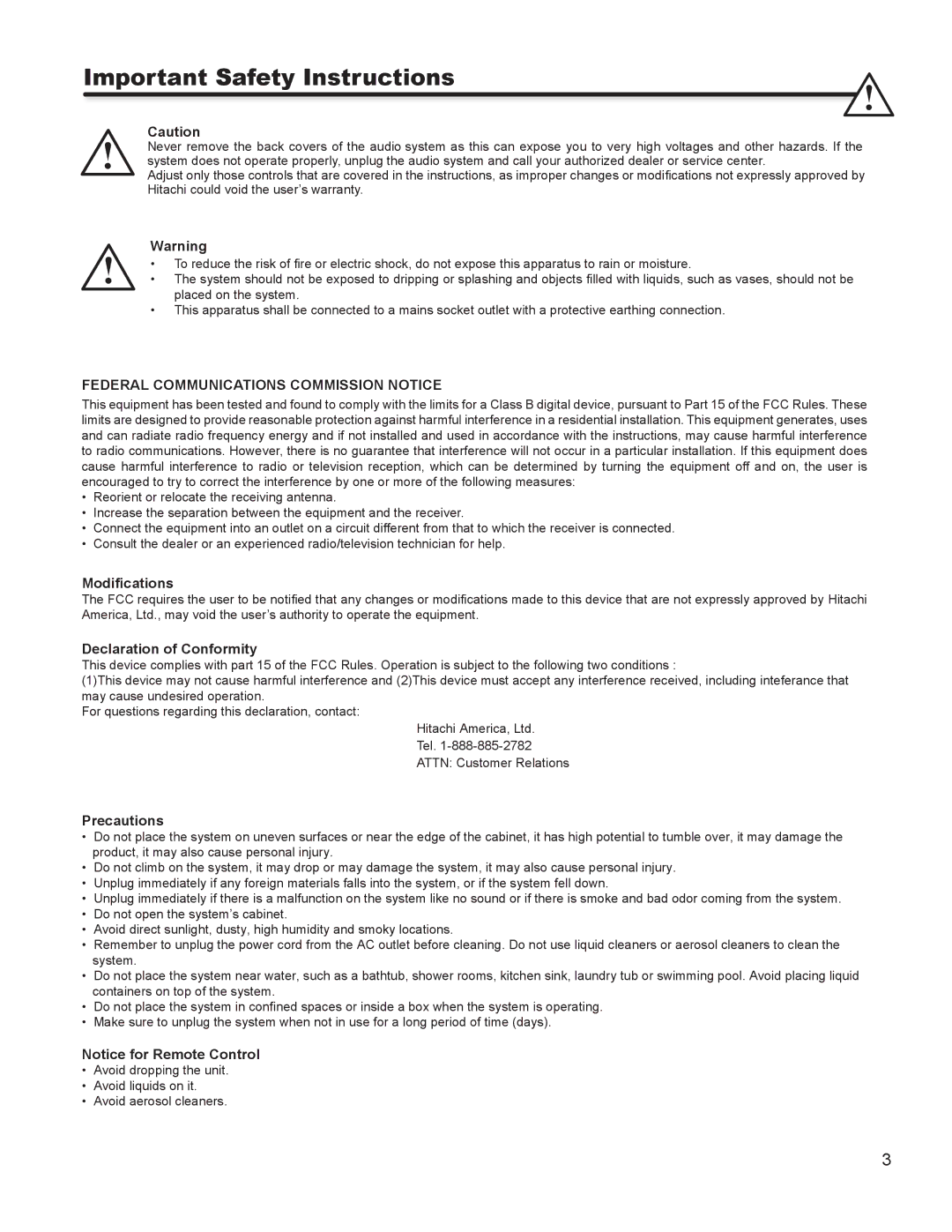 Hitachi SBW100 Federal Communications Commission Notice, Modiﬁcations Declaration of Conformity, Precautions 