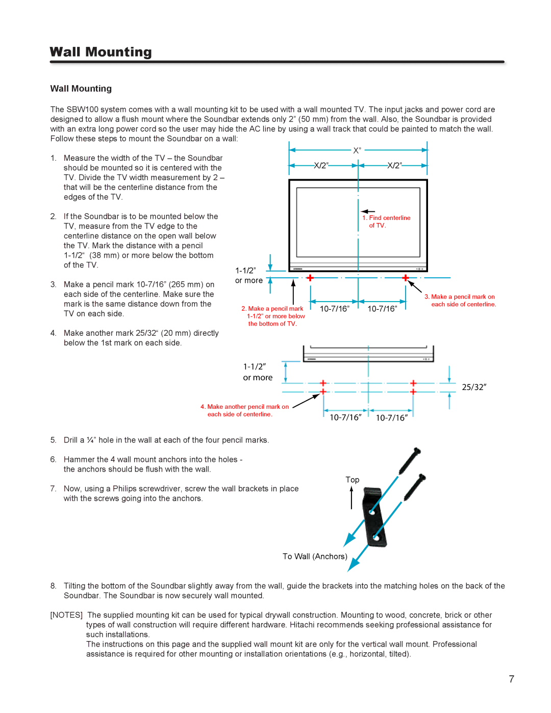 Hitachi SBW100 important safety instructions Wall Mounting 