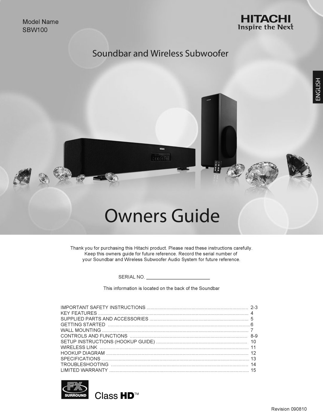 Hitachi important safety instructions Owners Guide, Soundbar and Wireless Subwoofer, Model Name SBW100, English 