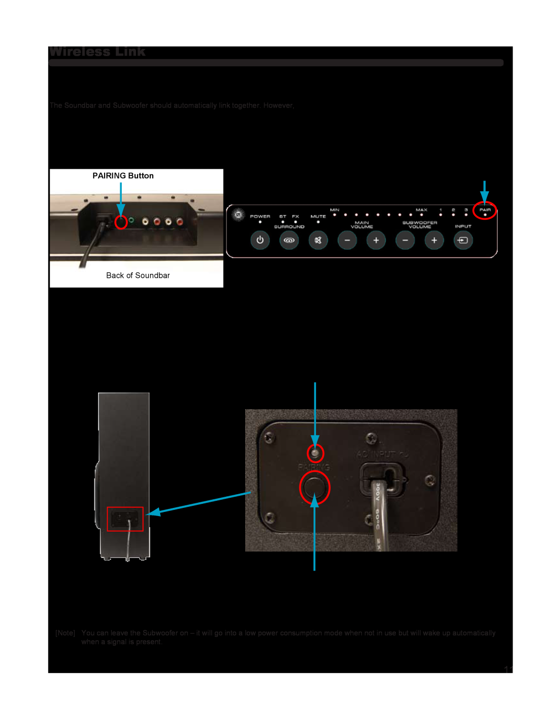 Hitachi SBW100 Wireless Link, Back of Soundbar, Subwoofer Back Panel, Back of Subwoofer, PAIRING Button, PAIR Indicator 