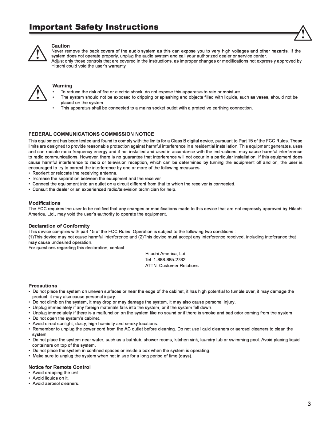 Hitachi SBW100 Federal Communications Commission Notice, Modiﬁcations, Declaration of Conformity, Precautions 