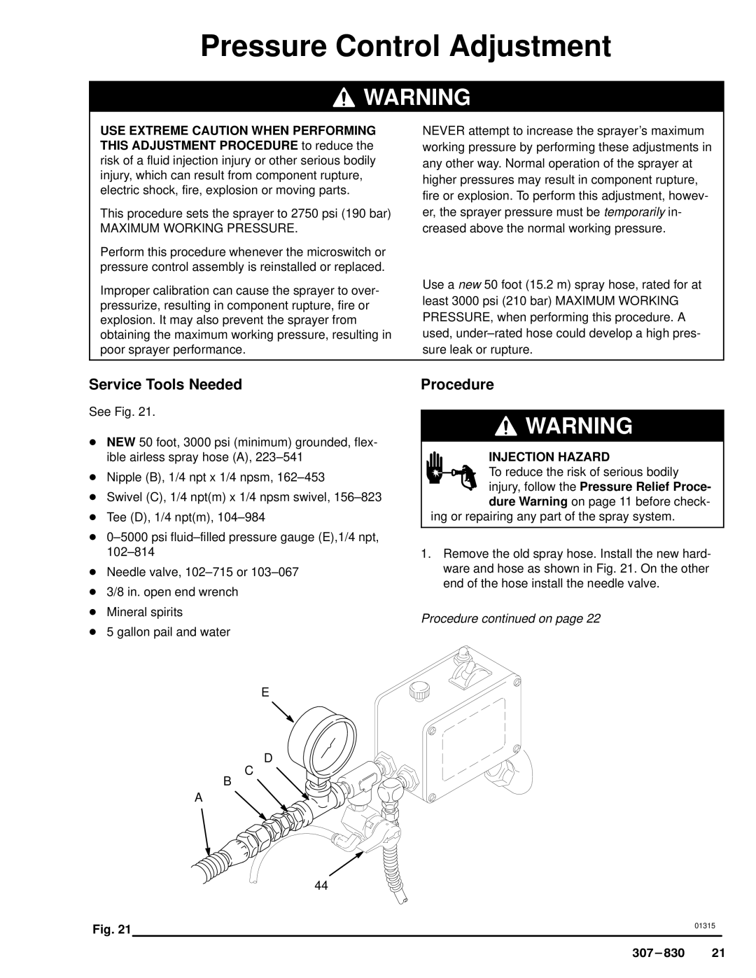 Hitachi 220-856, SERIES D manual Pressure Control Adjustment, Maximum Working Pressure 