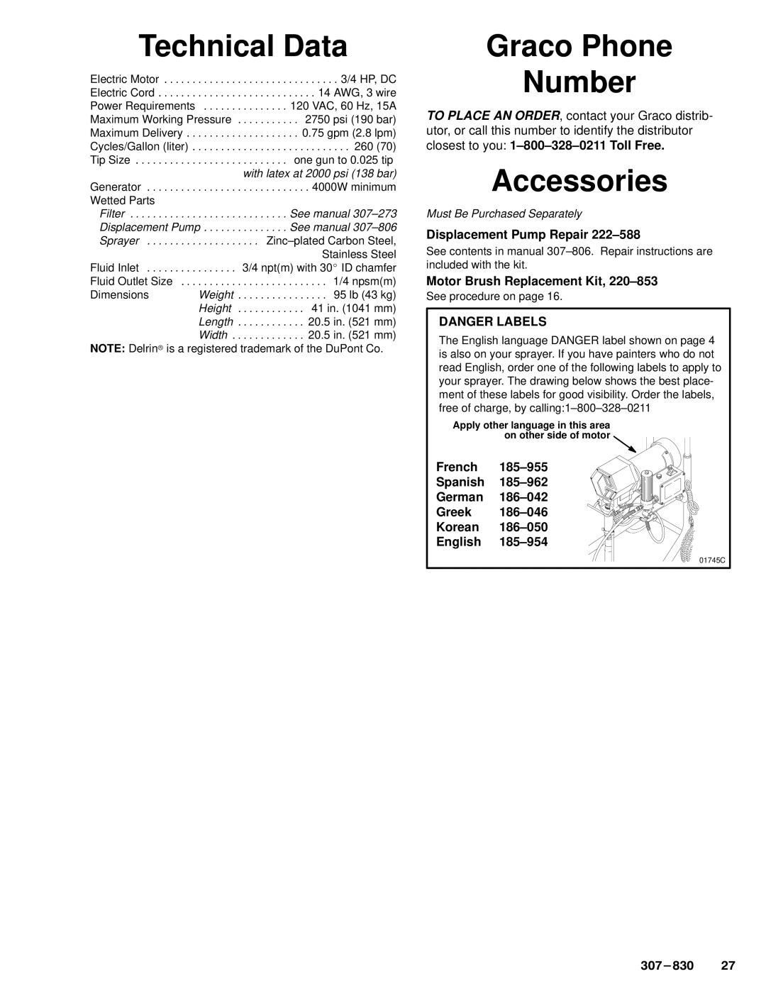 Hitachi 220-856, SERIES D manual Technical Data, Graco Phone Number, Accessories, Displacement Pump Repair 222±588 