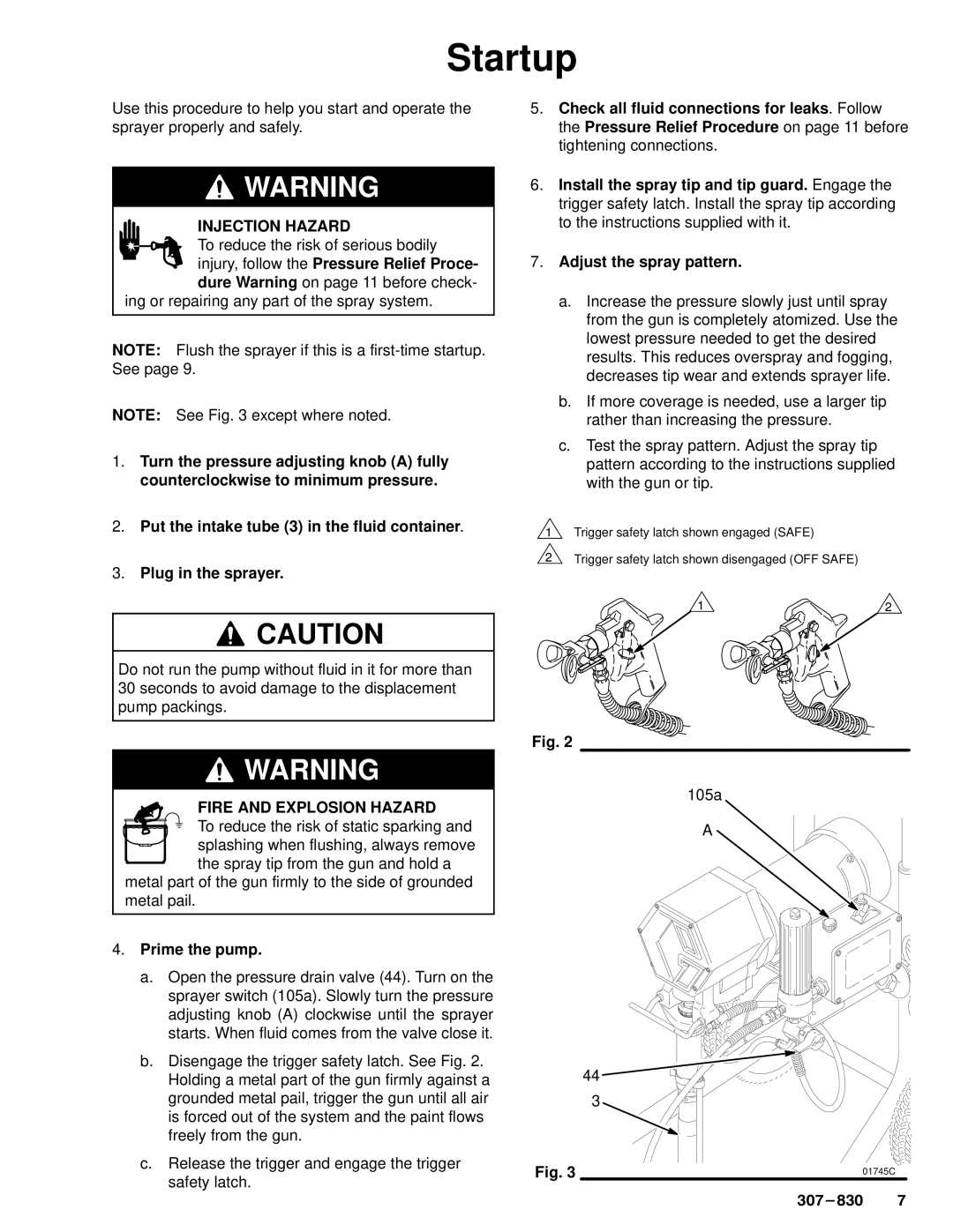 Hitachi 220-856, SERIES D manual Startup, Injection Hazard, Fire and Explosion Hazard, Prime the pump 