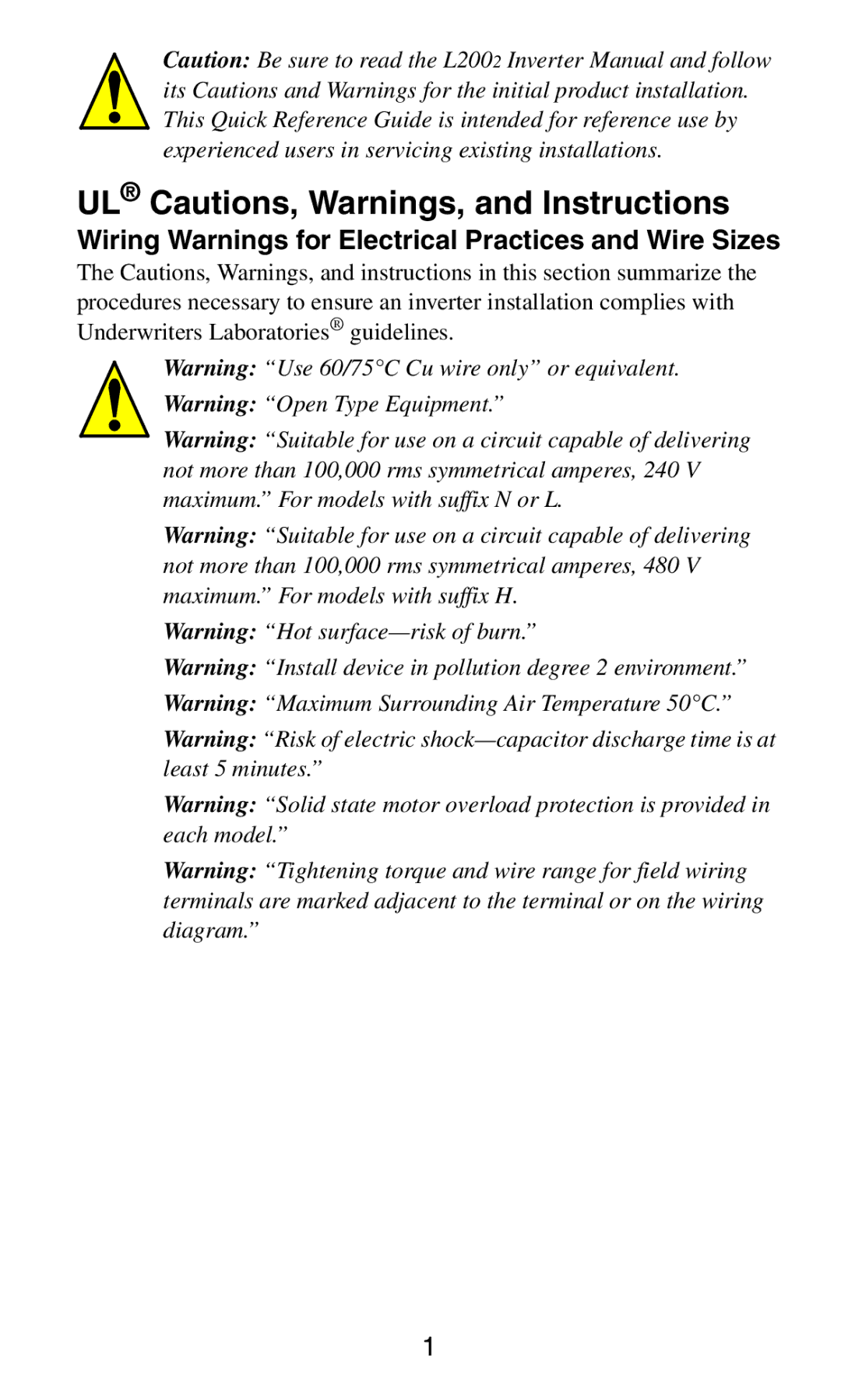 Hitachi series inverter UL Cautions, Warnings, and Instructions, Wiring Warnings for Electrical Practices and Wire Sizes 