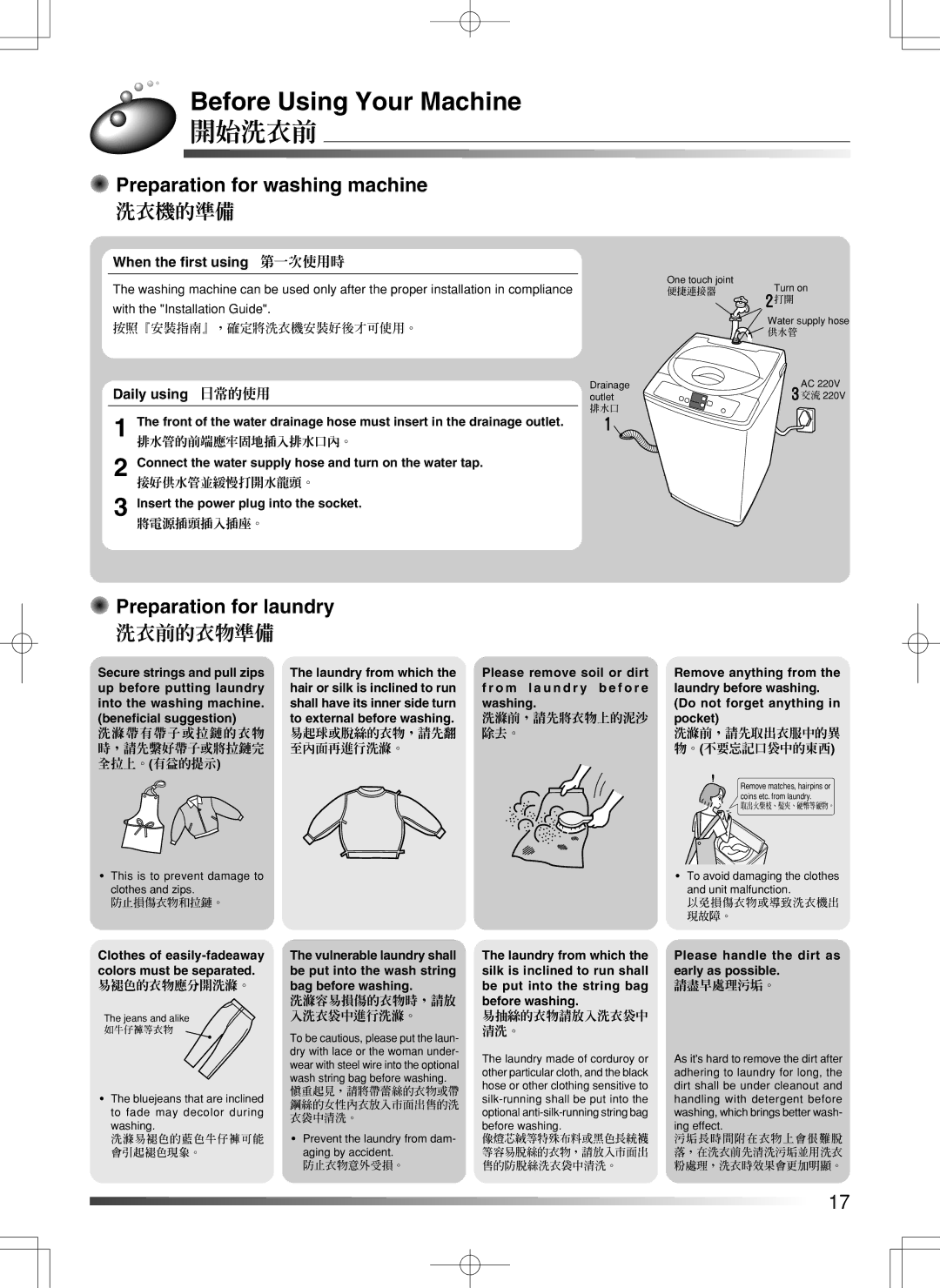 Hitachi SF-S55GR user manual Before Using Your Machine, 開始洗衣前, Preparation for washing machine, Preparation for laundry 