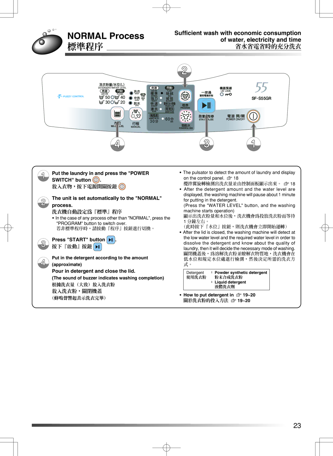 Hitachi SF-S55GR user manual Normal Process, 標準程序, 省水省電省時的充分洗衣 