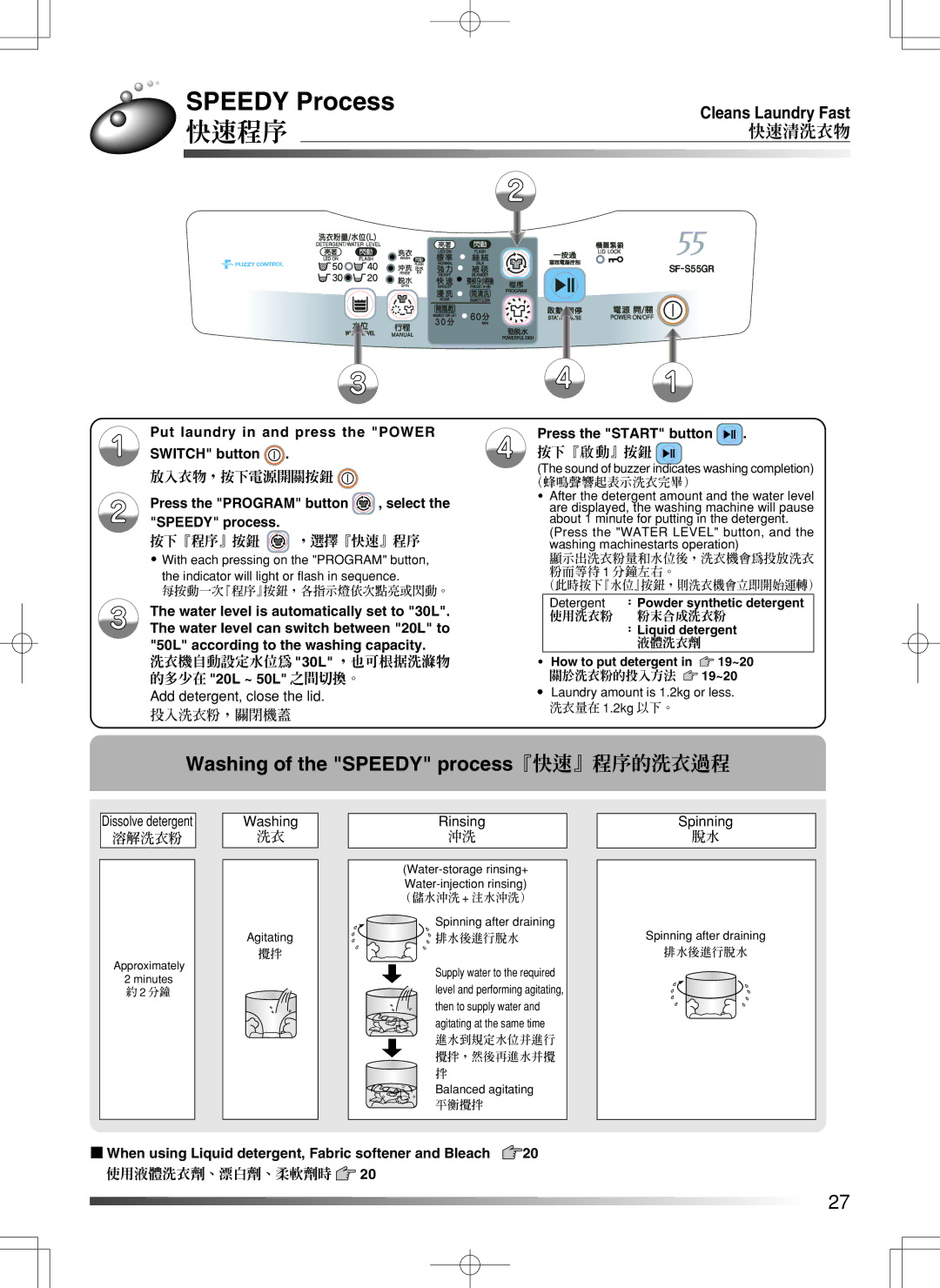 Hitachi SF-S55GR user manual Speedy Process, 快速程序, Washing of the Speedy process『快速』程序的洗衣過程, Cleans Laundry Fast, 快速清洗衣物 