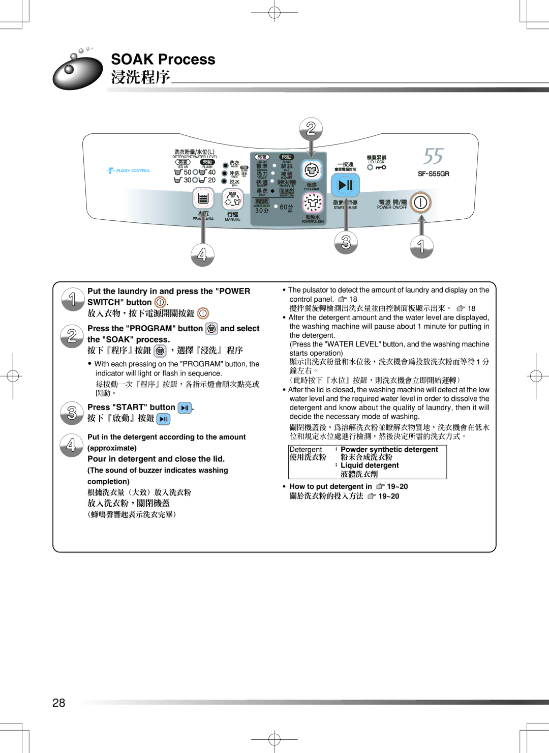 Hitachi SF-S55GR user manual Soak Process, 浸洗程序, Press the Program button and select the Soak process, 按下『程序』按鈕 ，選擇『浸洗』程序 