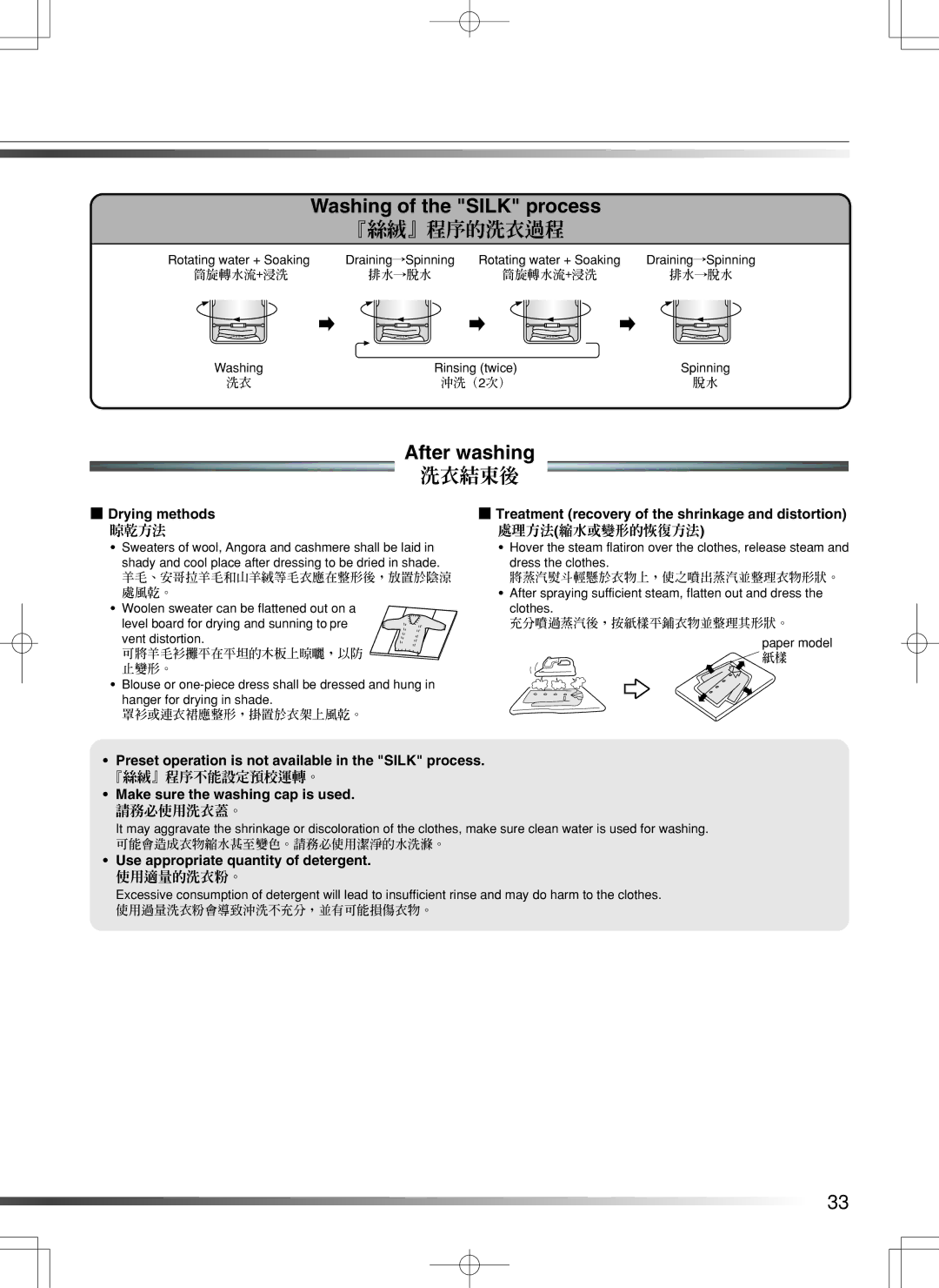 Hitachi SF-S55GR user manual Washing of the Silk process, 『絲絨』程序的洗衣過程, After washing, 洗衣結束後 