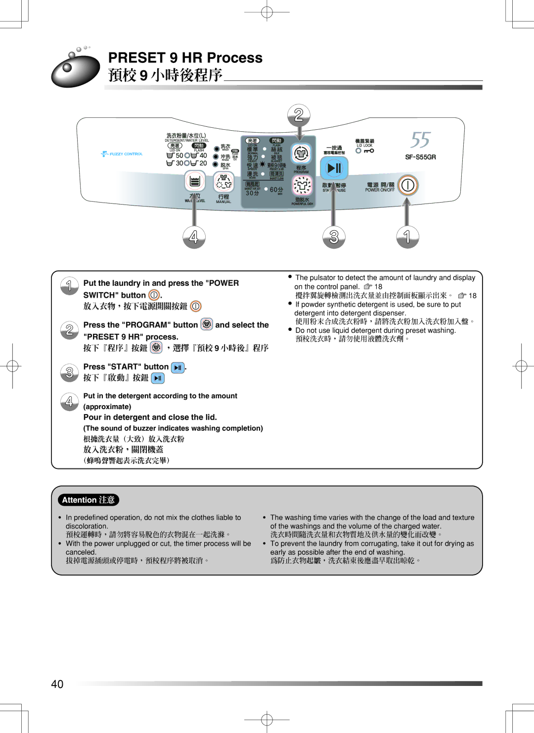 Hitachi SF-S55GR user manual Preset 9 HR Process, 預校9 小時後程序, Press the Program button and select the Preset 9 HR process 