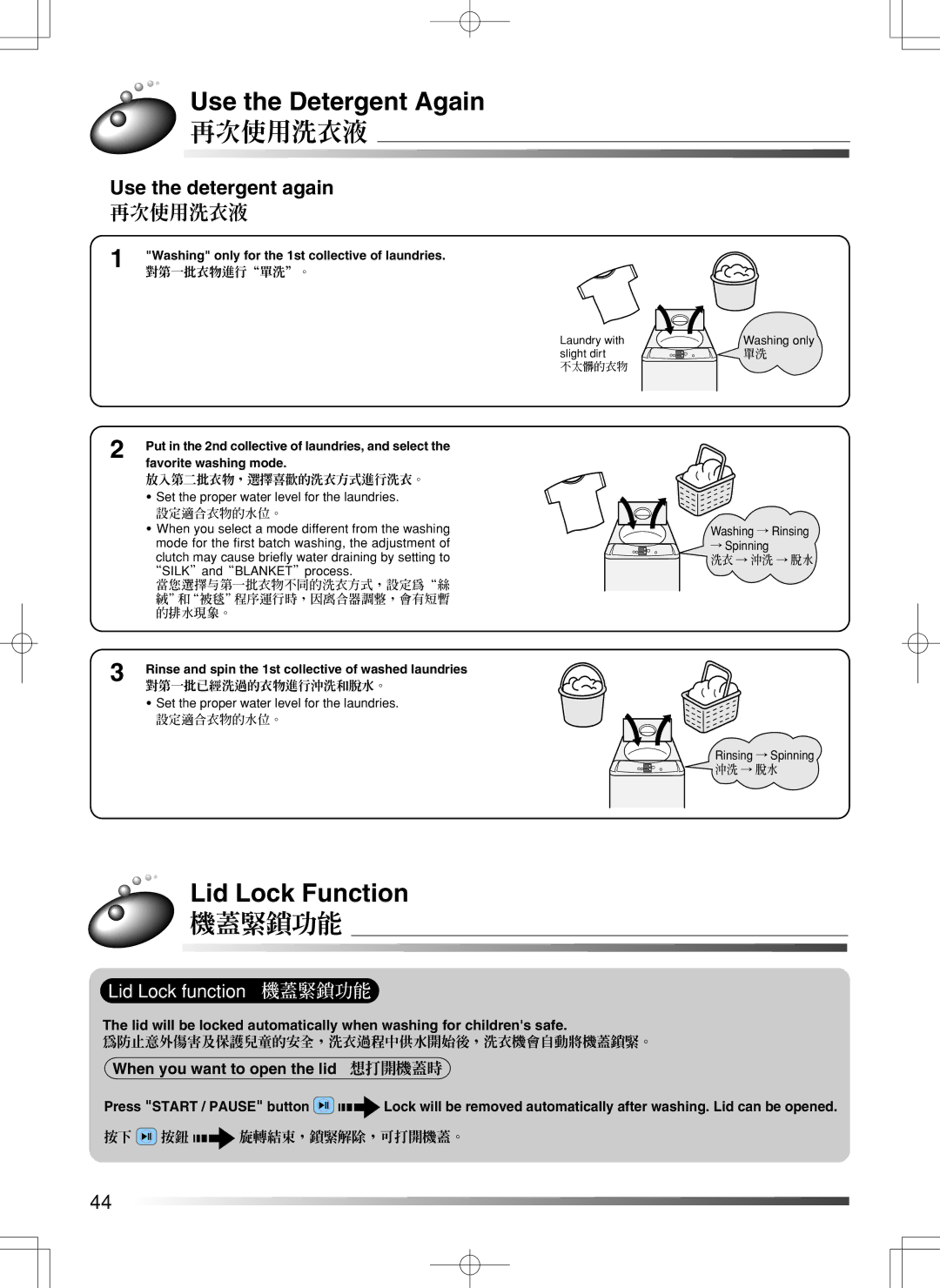 Hitachi SF-S55GR user manual Use the Detergent Again, 再次使用洗衣液, Lid Lock Function, 機蓋緊鎖功能, Use the detergent again 