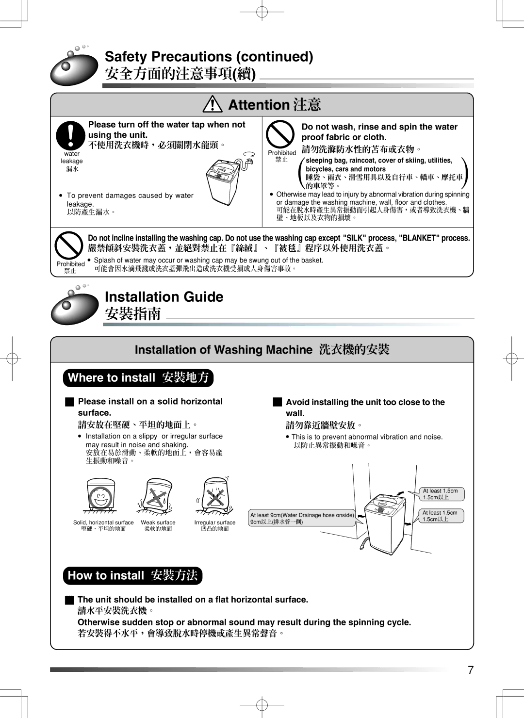 Hitachi SF-S55GR user manual Installation Guide, 安裝指南, 請勿洗滌防水性的苫布或衣物。 