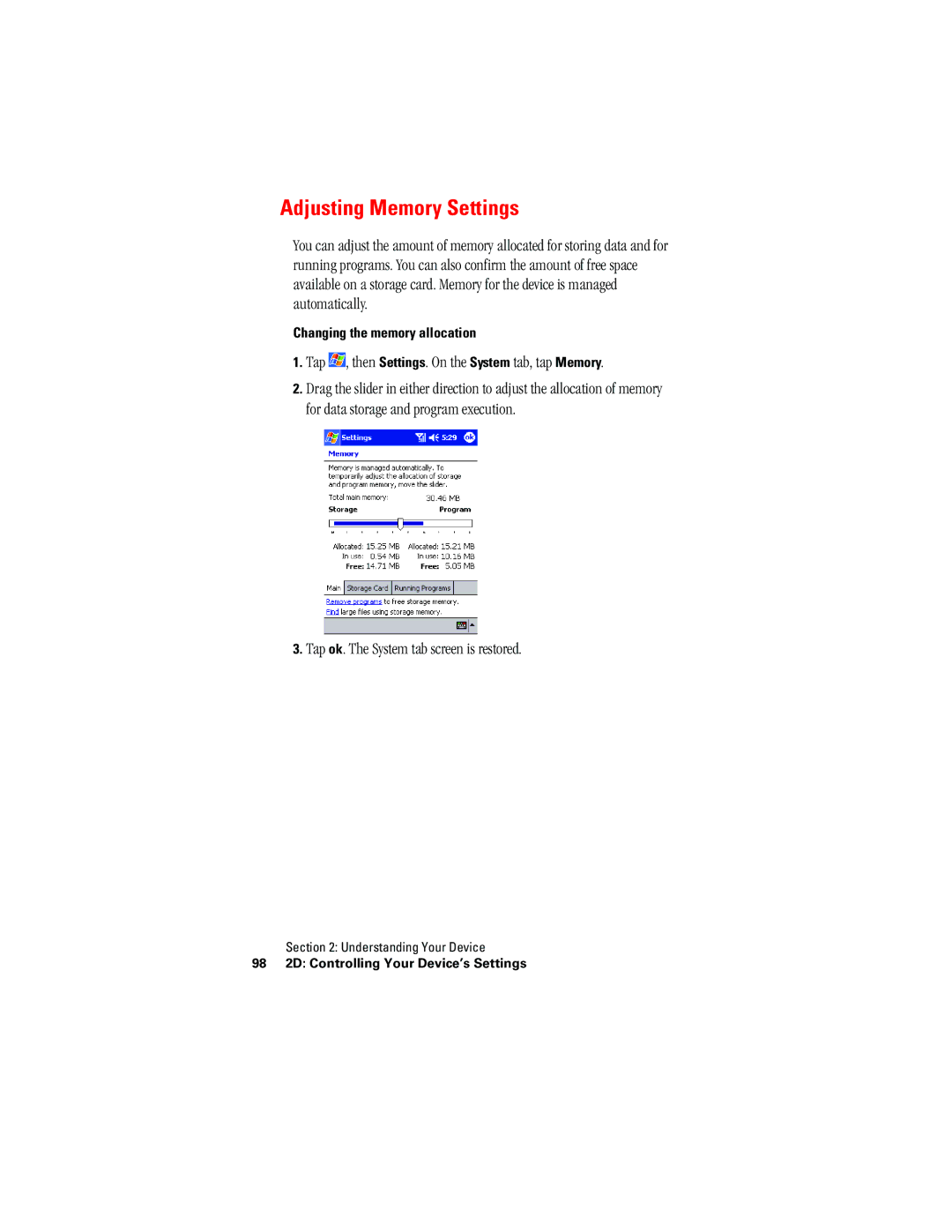 Hitachi SH-G1000 manual Adjusting Memory Settings, Tap , then Settings. On the System tab, tap Memory 