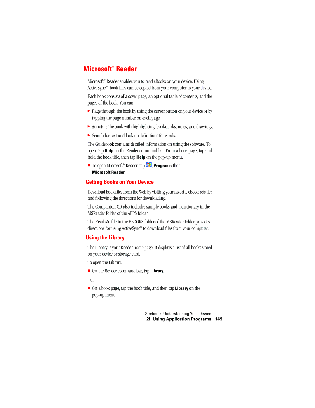 Hitachi SH-G1000 manual Microsoft Reader, Getting Books on Your Device, Using the Library 
