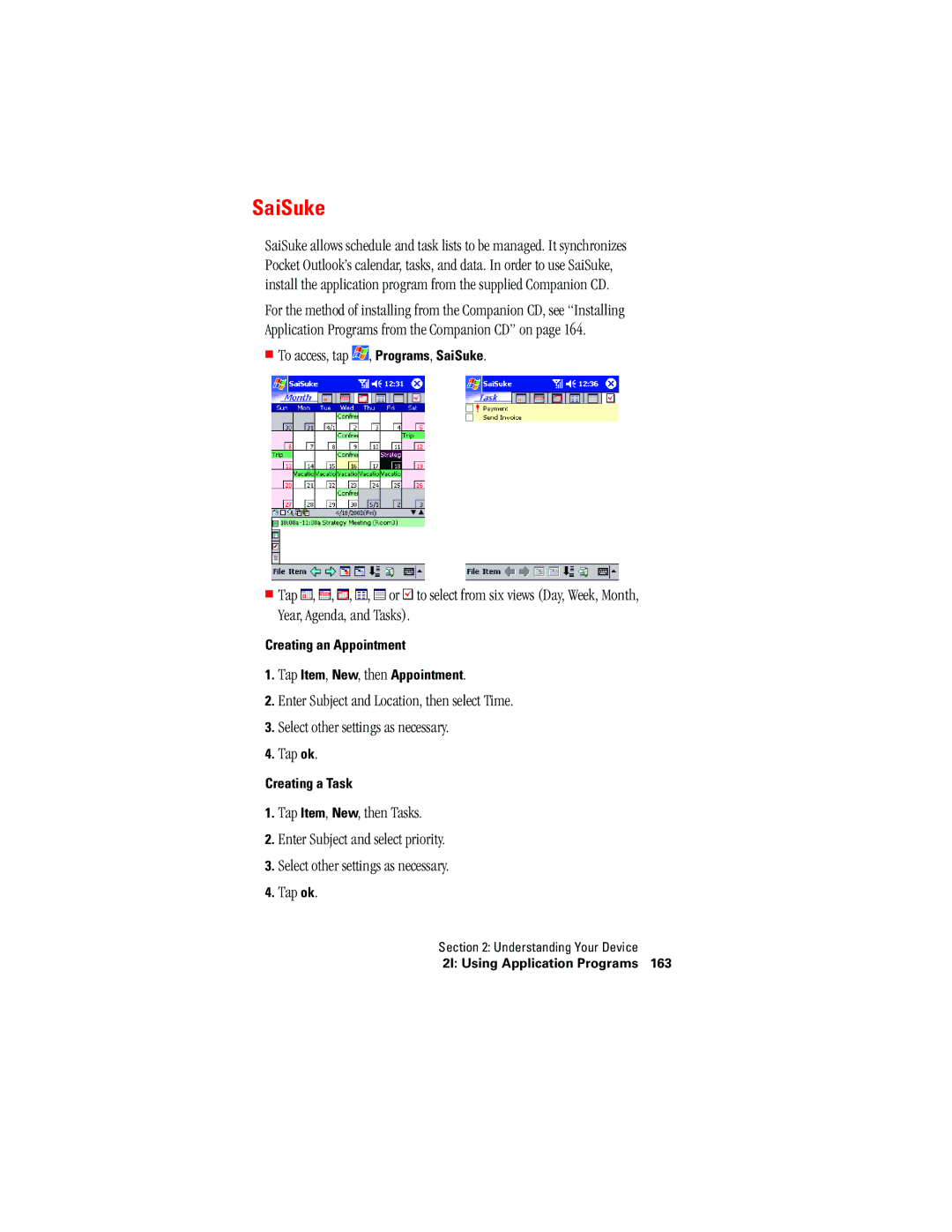 Hitachi SH-G1000 manual SaiSuke, Creating an Appointment Tap Item, New, then Appointment, Creating a Task 