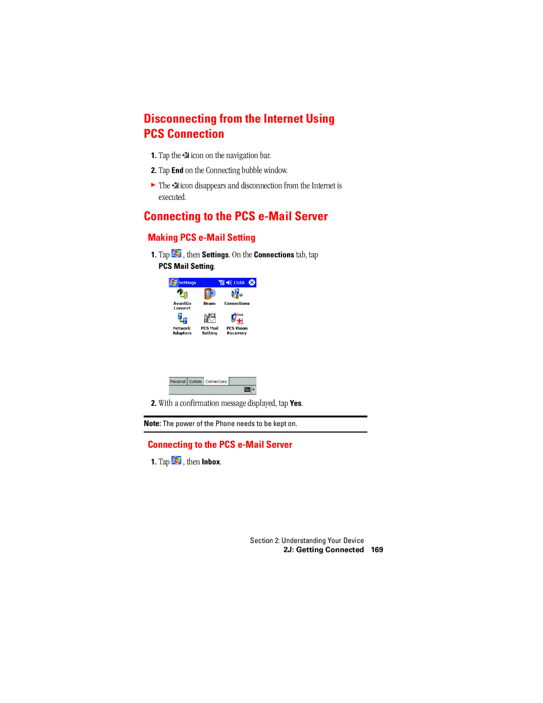 Hitachi SH-G1000 manual Disconnecting from the Internet Using PCS Connection, Connecting to the PCS e-Mail Server 