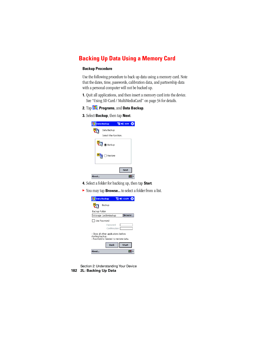 Hitachi SH-G1000 manual Backing Up Data Using a Memory Card, Tap , Programs, and Data Backup 