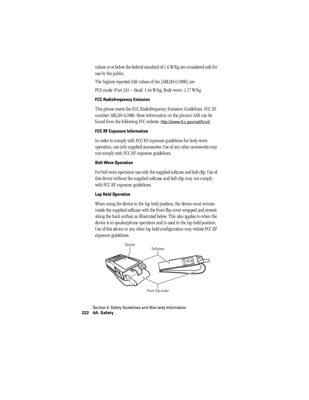 Hitachi SH-G1000 manual FCC Radiofrequency Emission FCC RF Exposure Information, Belt Worn Operation, Lap Held Operation 