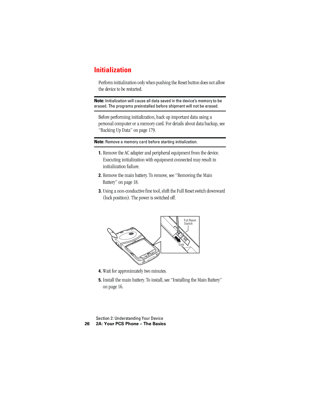 Hitachi SH-G1000 manual Initialization, 26 2A Your PCS Phone The Basics 