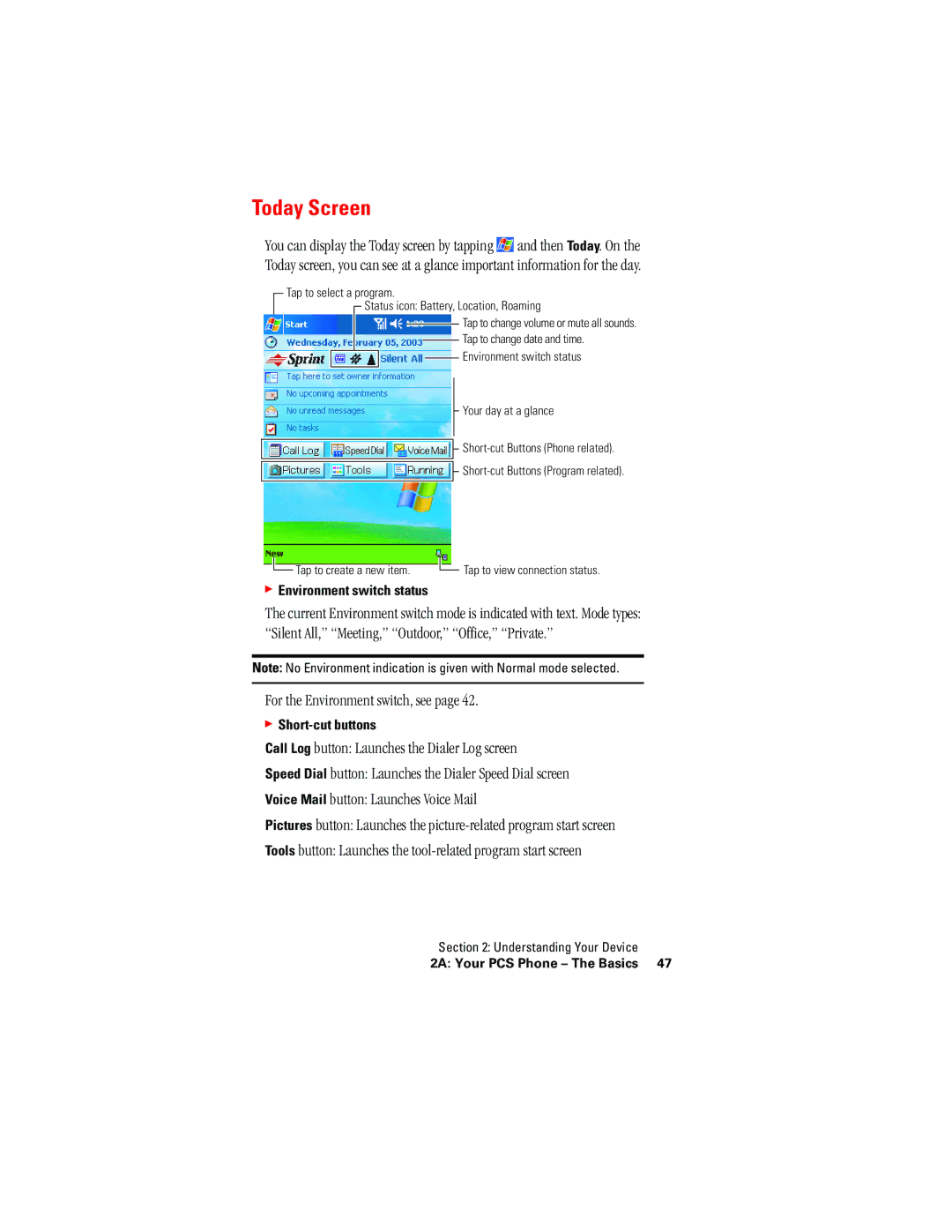 Hitachi SH-G1000 manual Today Screen, For the Environment switch, see, Environment switch status, Short-cut buttons 