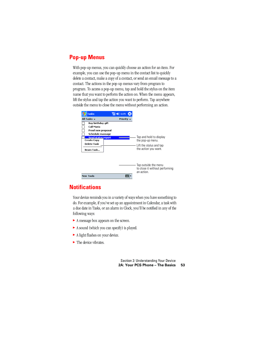 Hitachi SH-G1000 manual Pop-up Menus, Notifications 