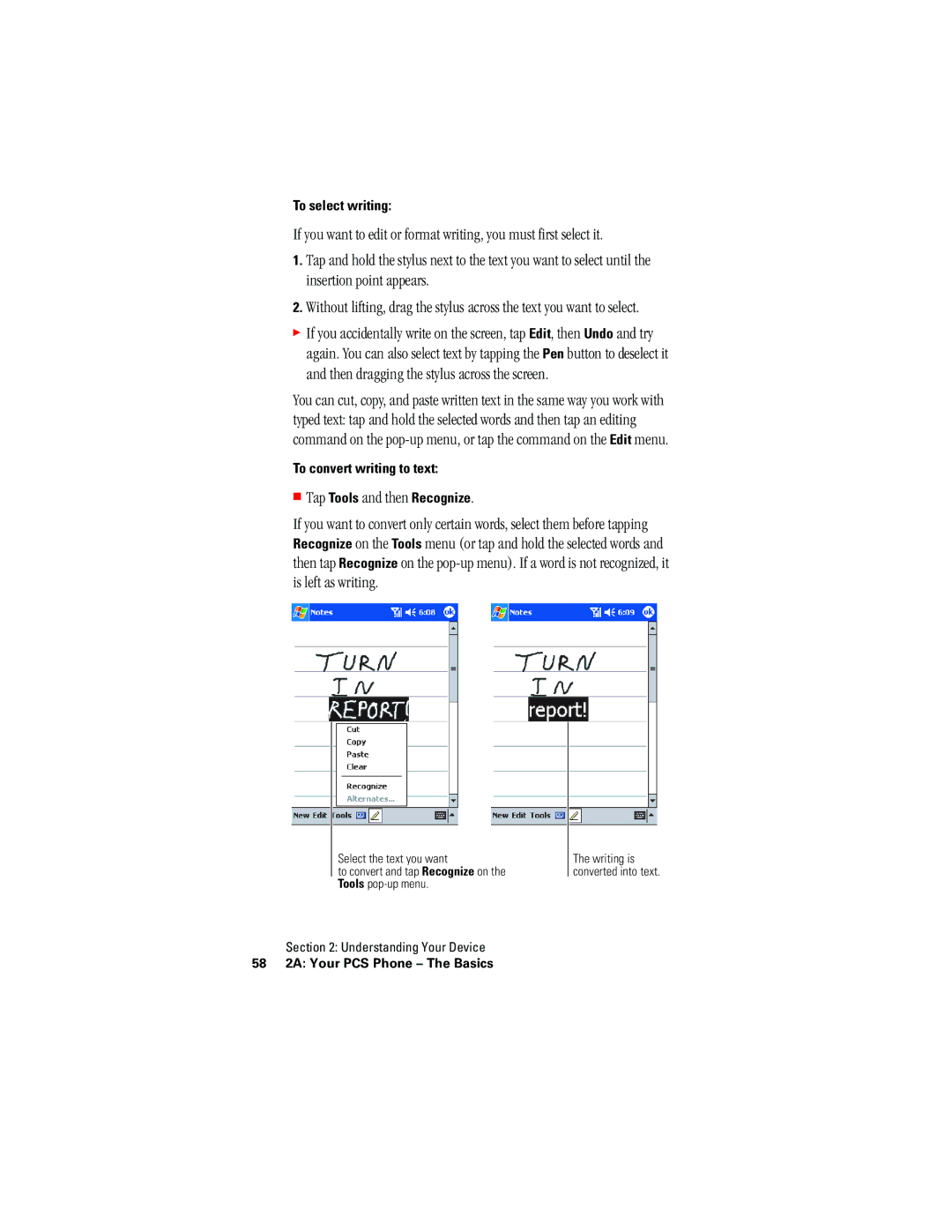 Hitachi SH-G1000 manual To select writing, To convert writing to text Tap Tools and then Recognize 