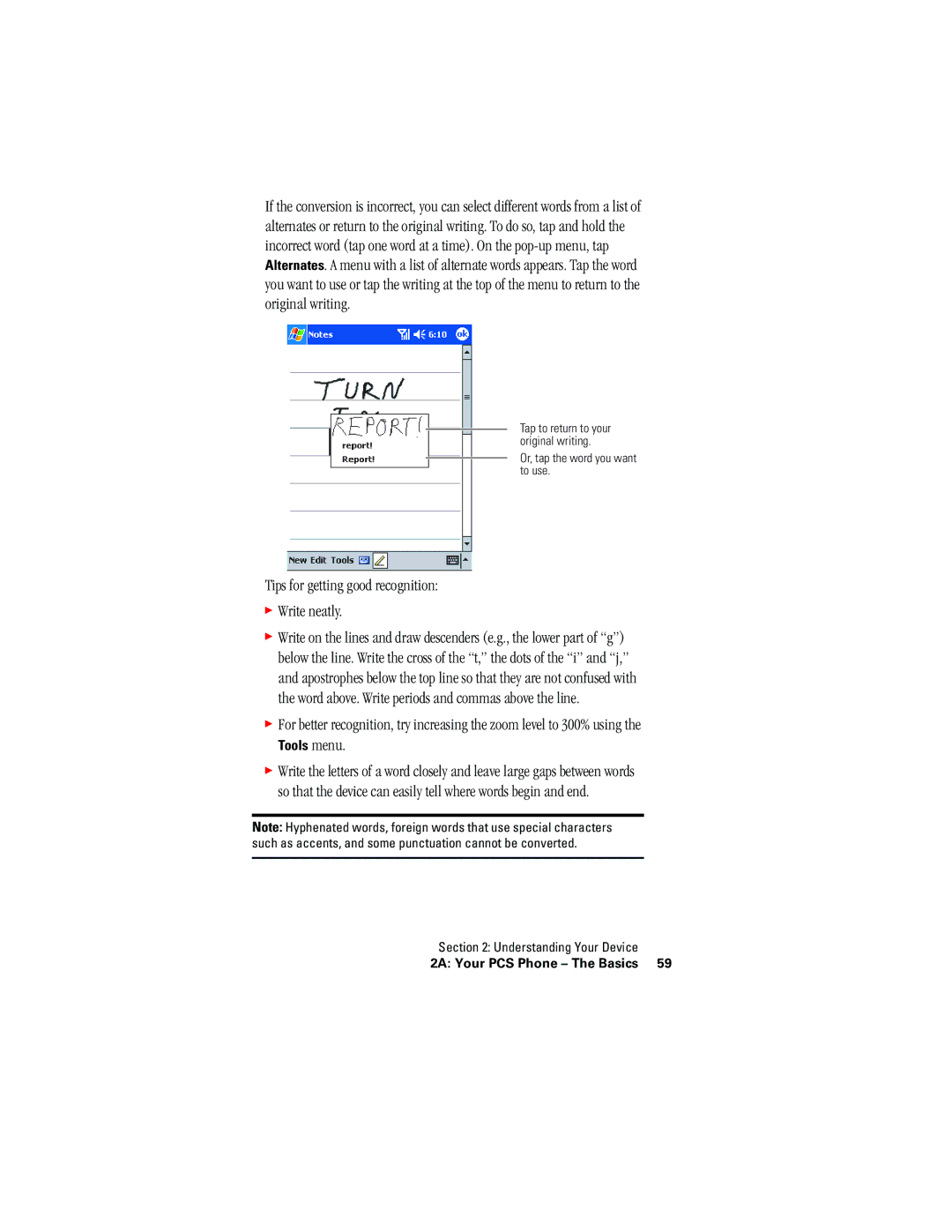 Hitachi SH-G1000 manual Tips for getting good recognition Write neatly, Tools menu 