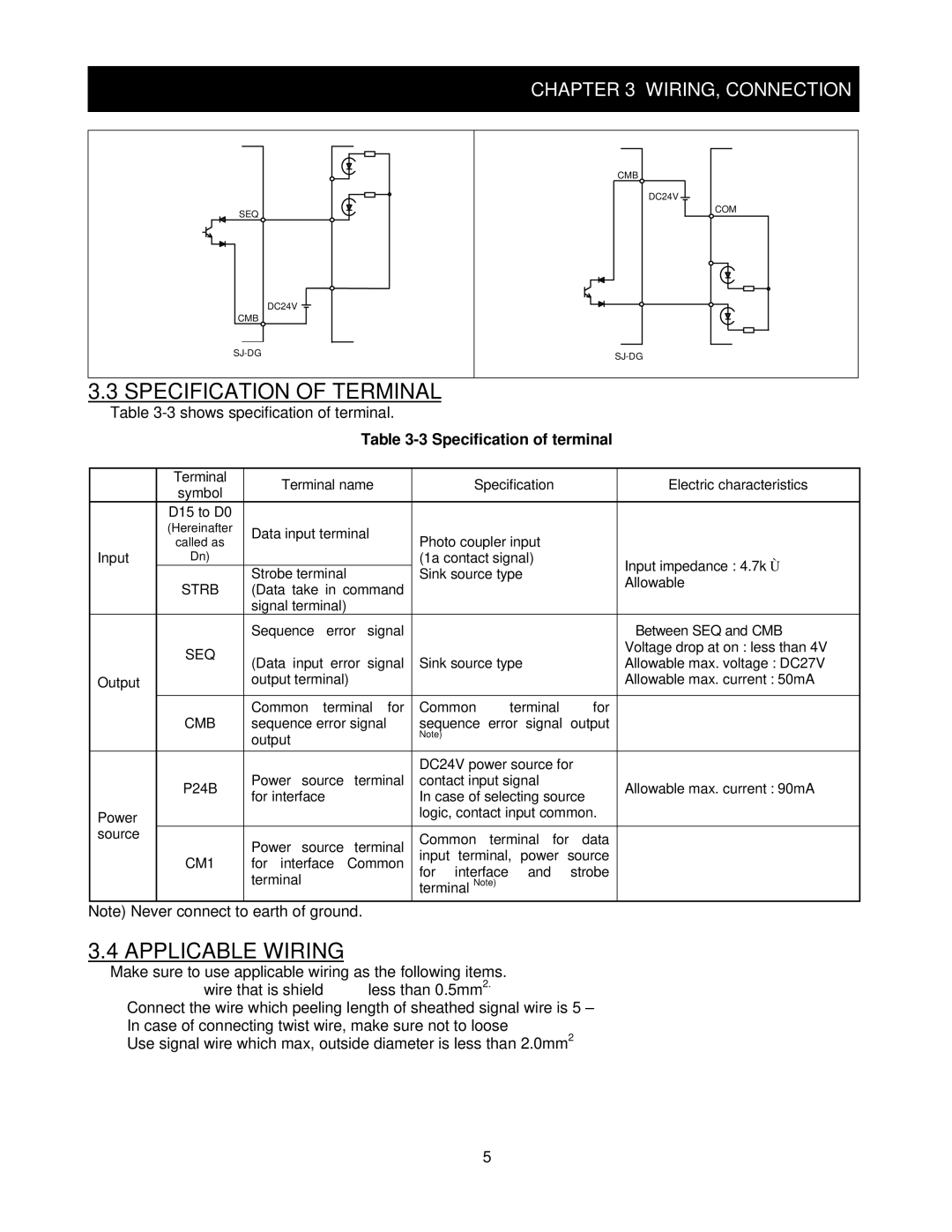 Hitachi SJ-DG instruction manual Specification of Terminal, Applicable Wiring, Specification of terminal 