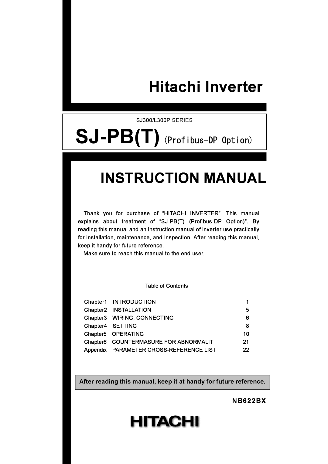 Hitachi SJ-PB(T) instruction manual NB622BX, Hitachi Inverter, Instruction Manual, SJ-PBT Profibus-DPOption 