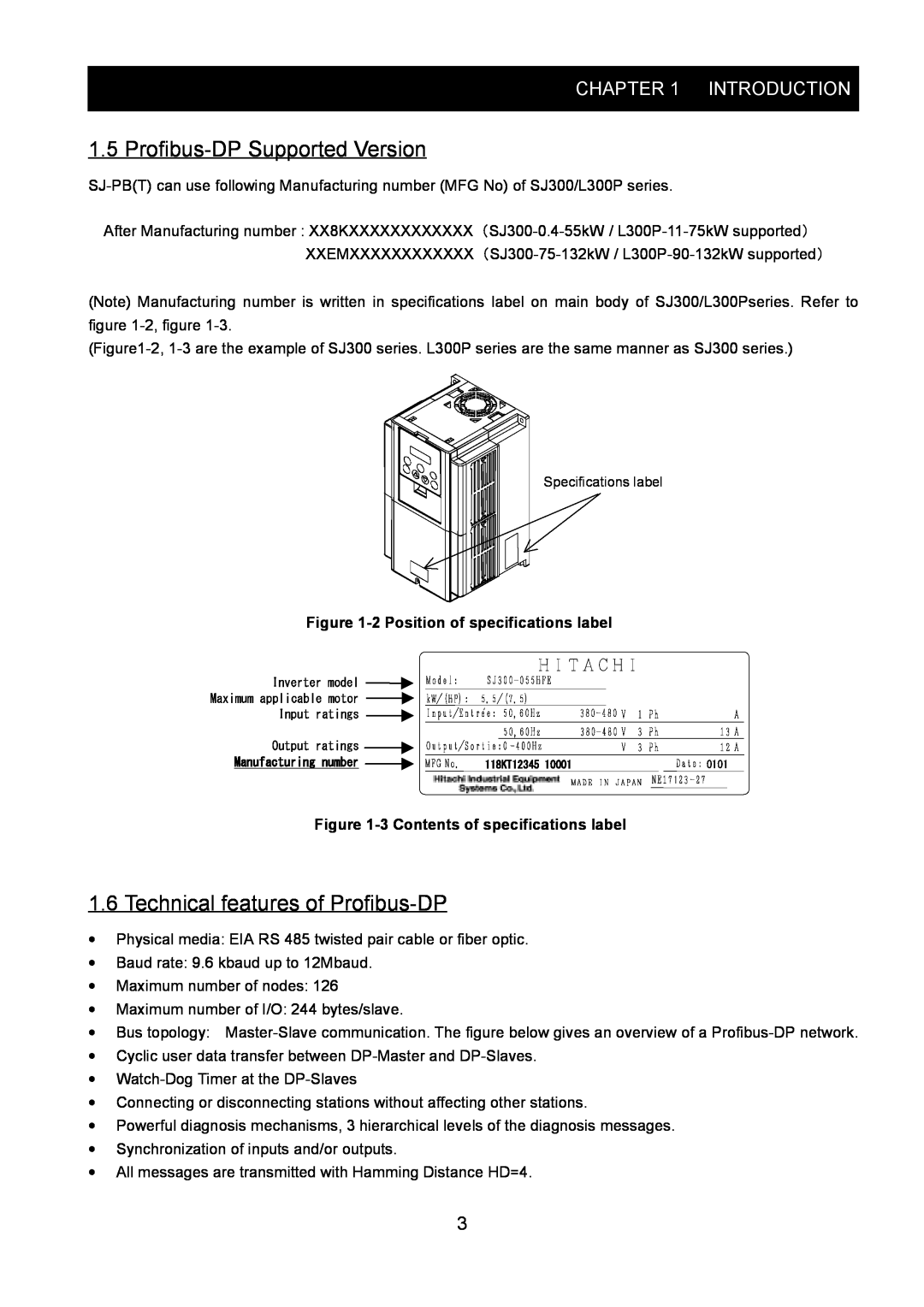 Hitachi SJ-PB(T) instruction manual Profibus-DPSupported Version, Technical features of Profibus-DP, Introduction 