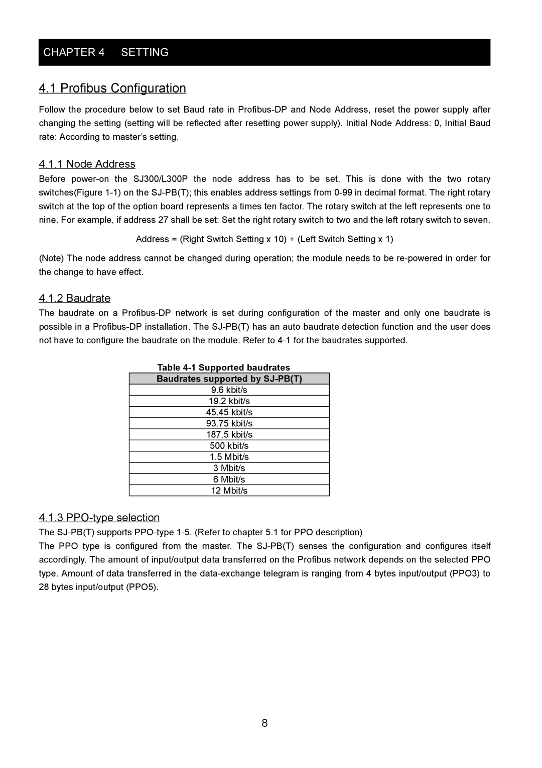 Hitachi SJ-PB(T) instruction manual Profibus Configuration, Node Address, Baudrate, PPO-type selection 