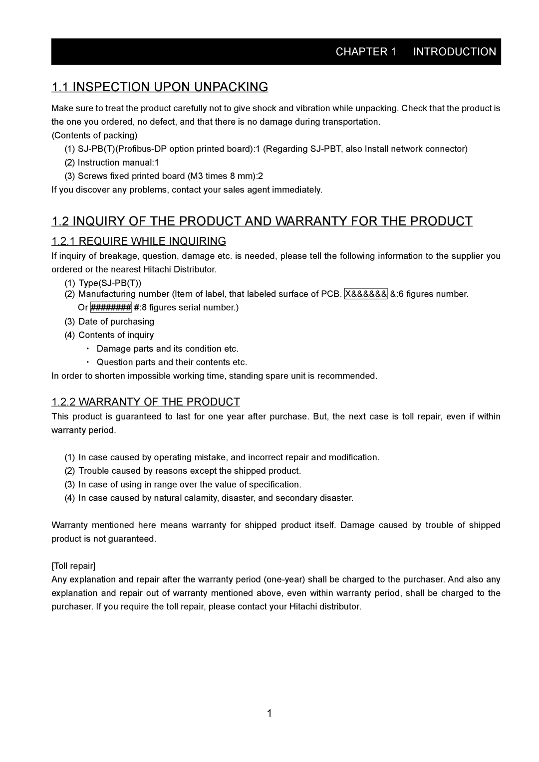 Hitachi SJ-PB(T) instruction manual Inspection Upon Unpacking 