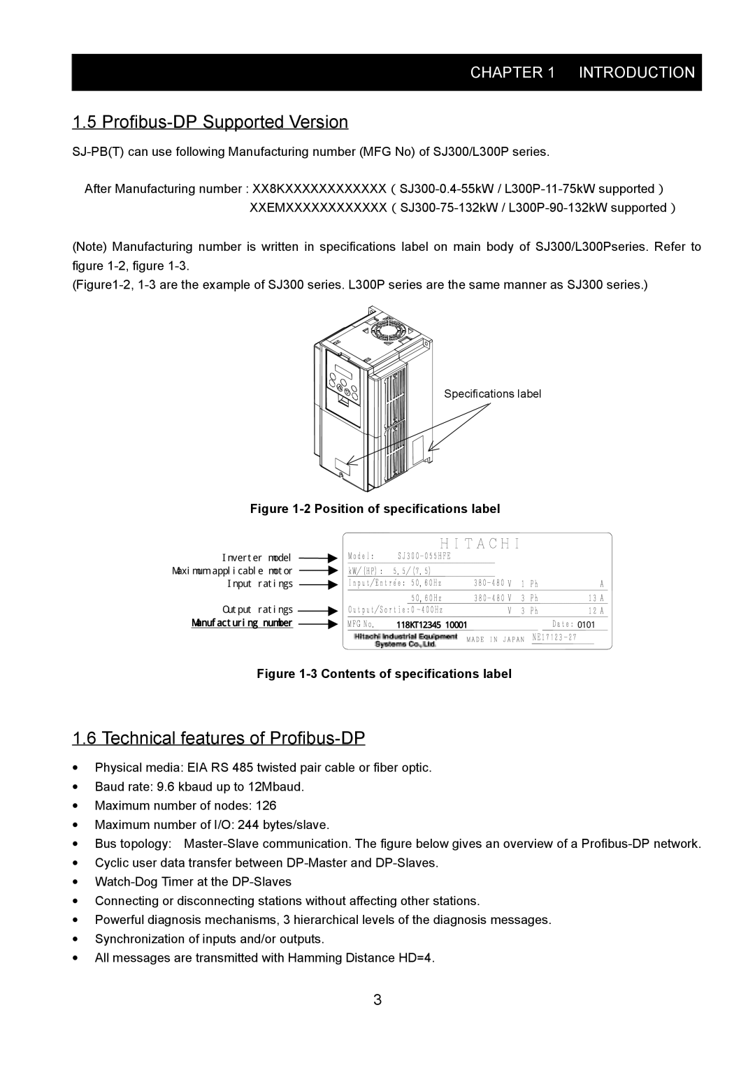 Hitachi SJ-PB(T) instruction manual Profibus-DP Supported Version, Technical features of Profibus-DP 