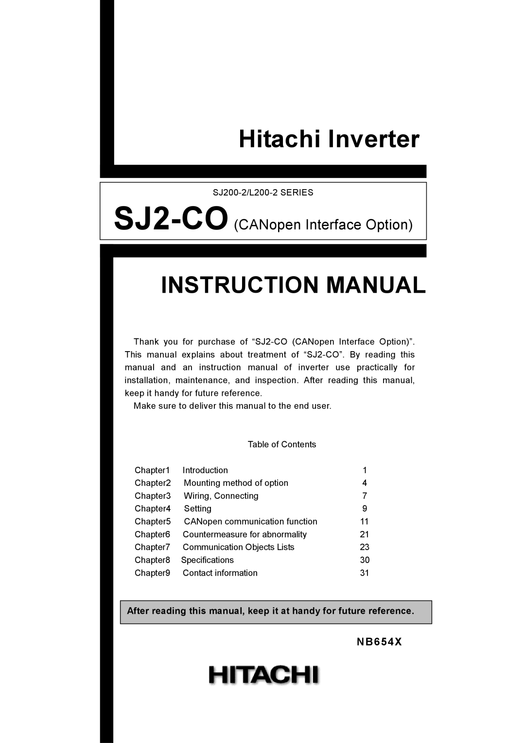 Hitachi SJ2-CO instruction manual Hitachi Inverter 