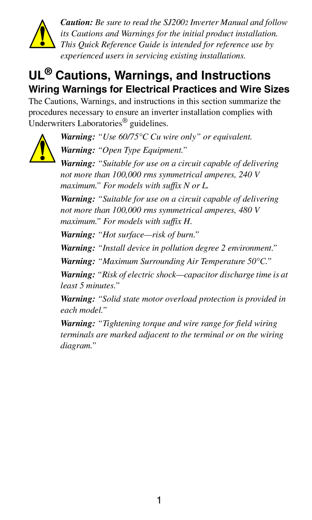 Hitachi SJ2002 manual UL Cautions, Warnings, and Instructions, Wiring Warnings for Electrical Practices and Wire Sizes 