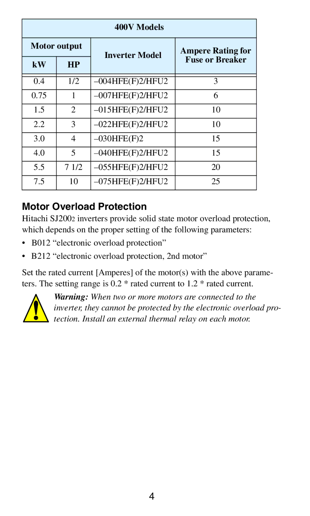 Hitachi SJ2002 manual Motor Overload Protection 