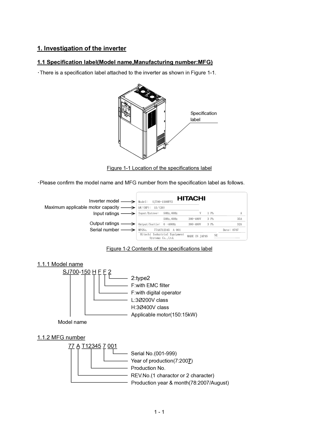 Hitachi SJ700-2 Series service manual Investigation of the inverter, Specification labelModel name,Manufacturing numberMFG 