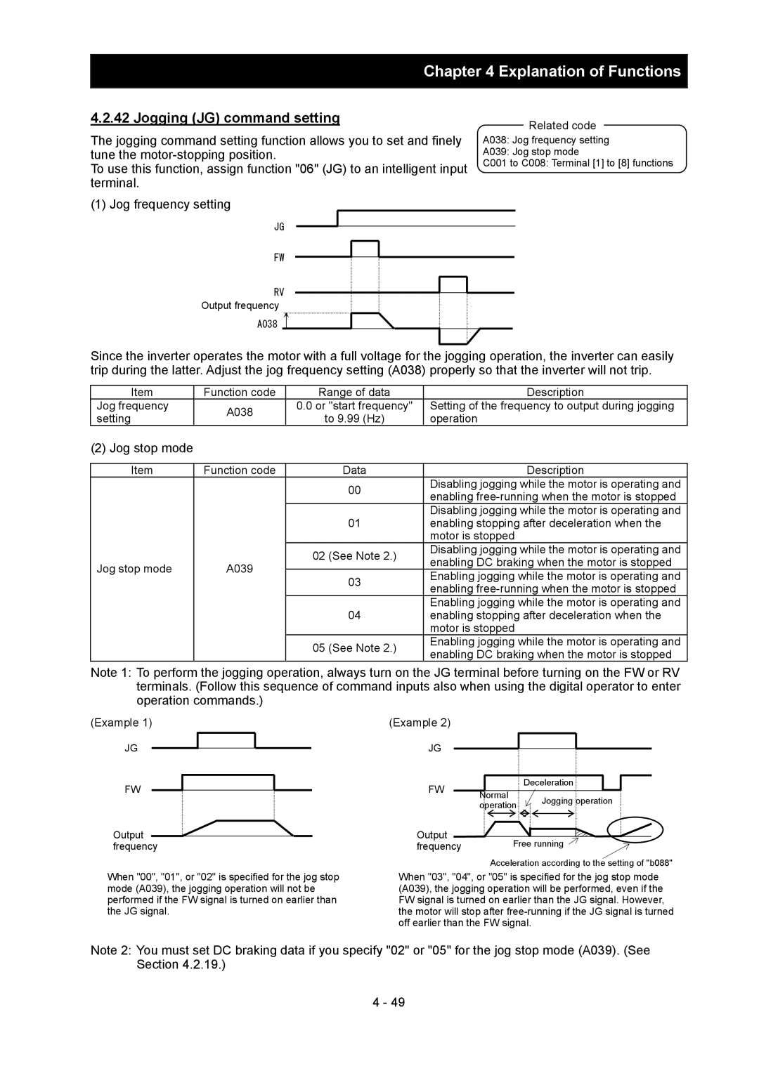 Hitachi SJ700-2 instruction manual Jogging JG command setting, Jog stop mode 