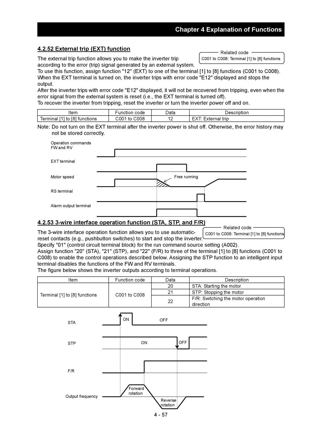 Hitachi SJ700-2 instruction manual External trip EXT function, 53 3-wire interface operation function STA, STP, and F/R 