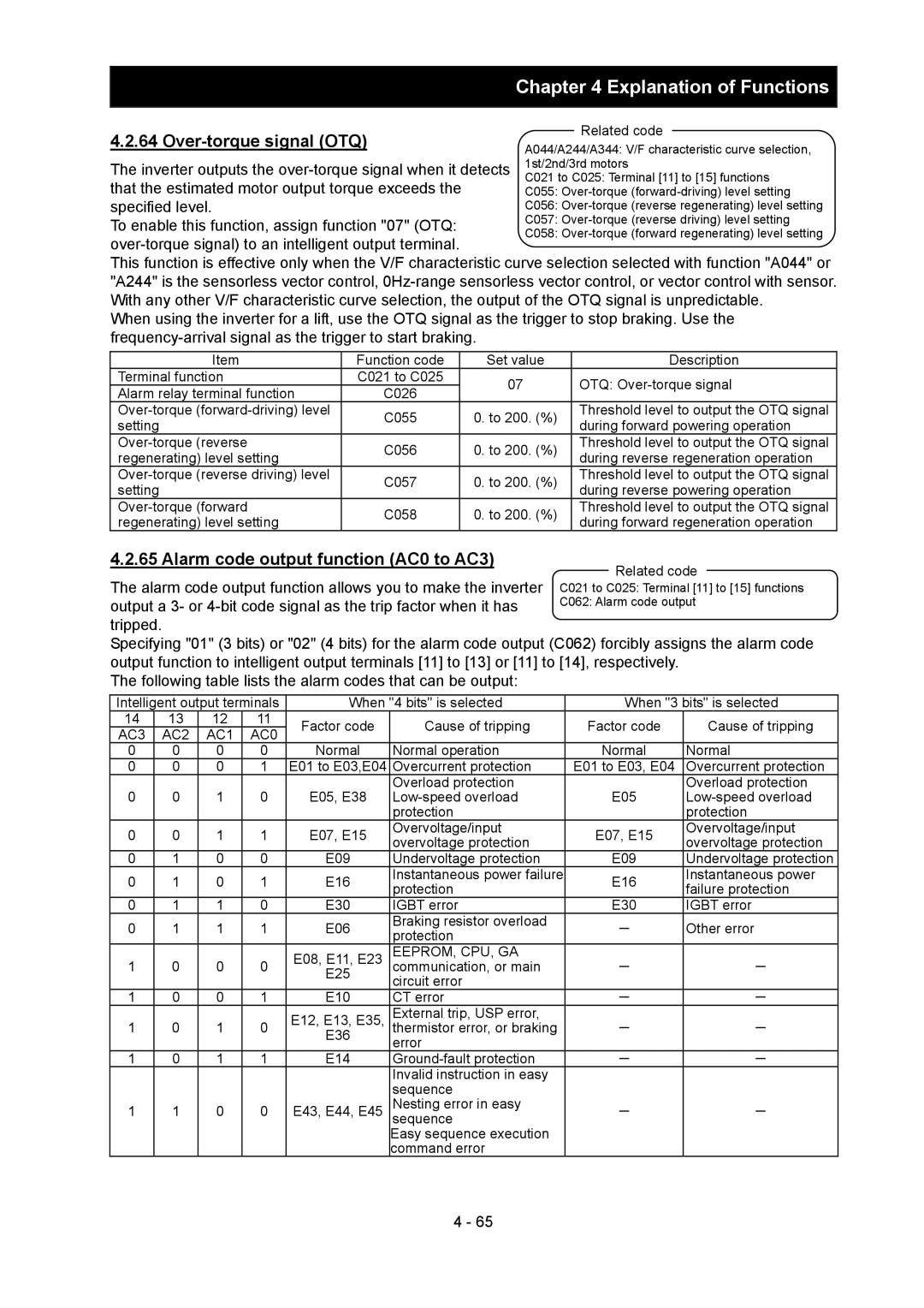 Hitachi SJ700-2 instruction manual Over-torque signal OTQ, Alarm code output function AC0 to AC3 