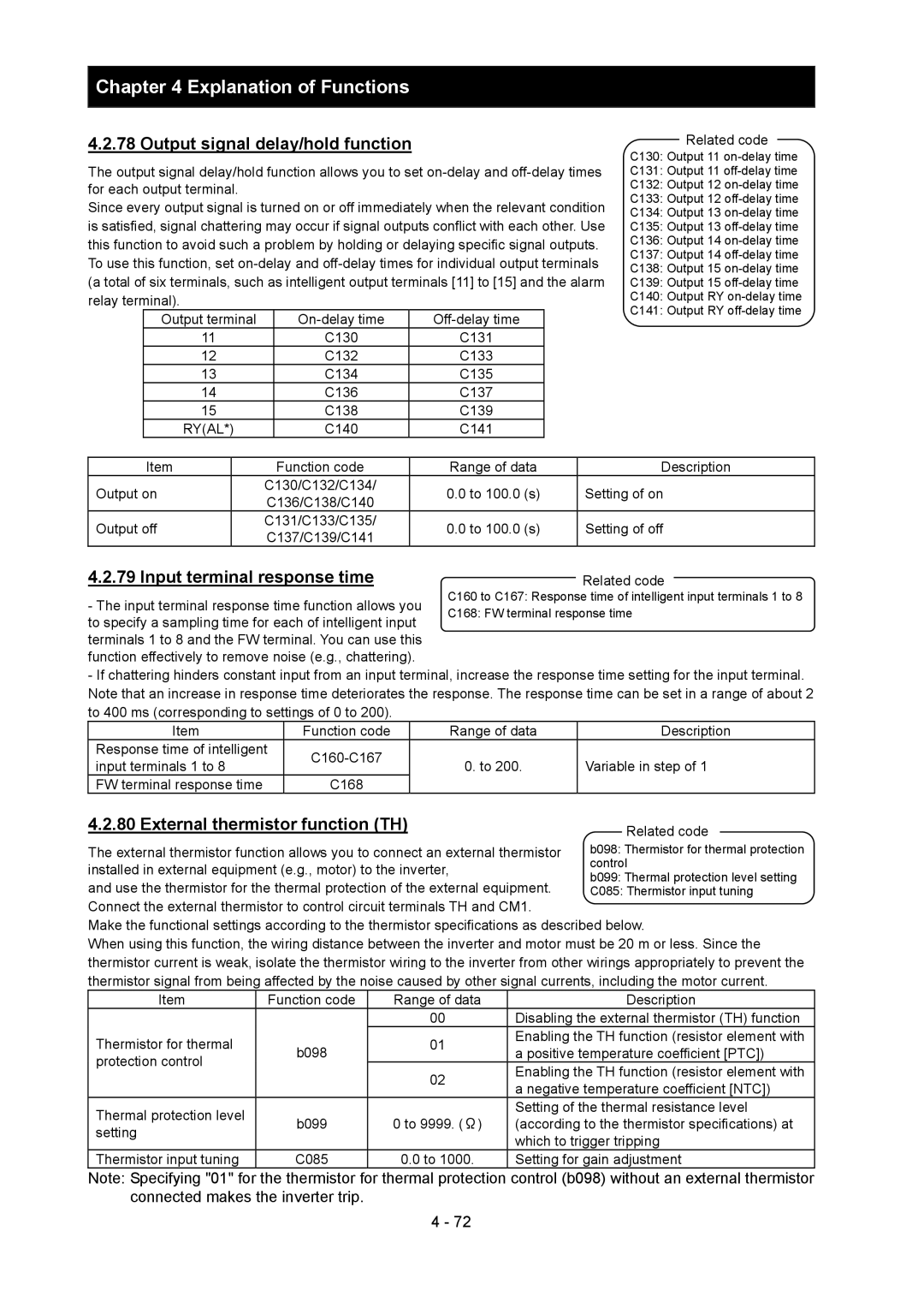 Hitachi SJ700-2 Output signal delay/hold function, Input terminal response time, External thermistor function TH 