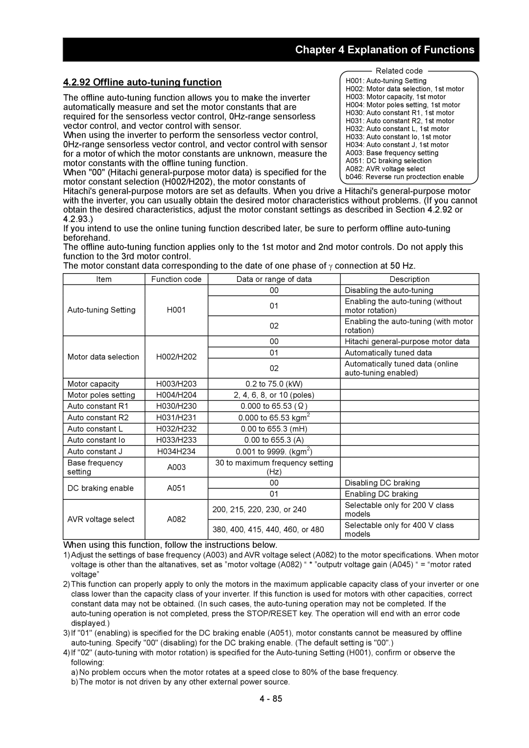 Hitachi SJ700-2 instruction manual Offline auto-tuning function, When using this function, follow the instructions below 