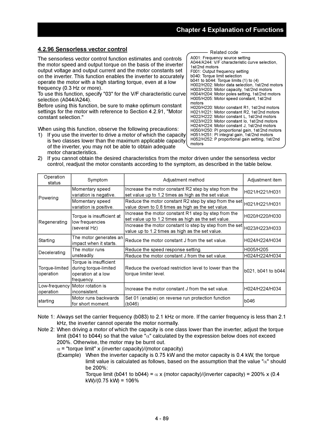 Hitachi SJ700-2 instruction manual Sensorless vector control, H021/H221/H031 