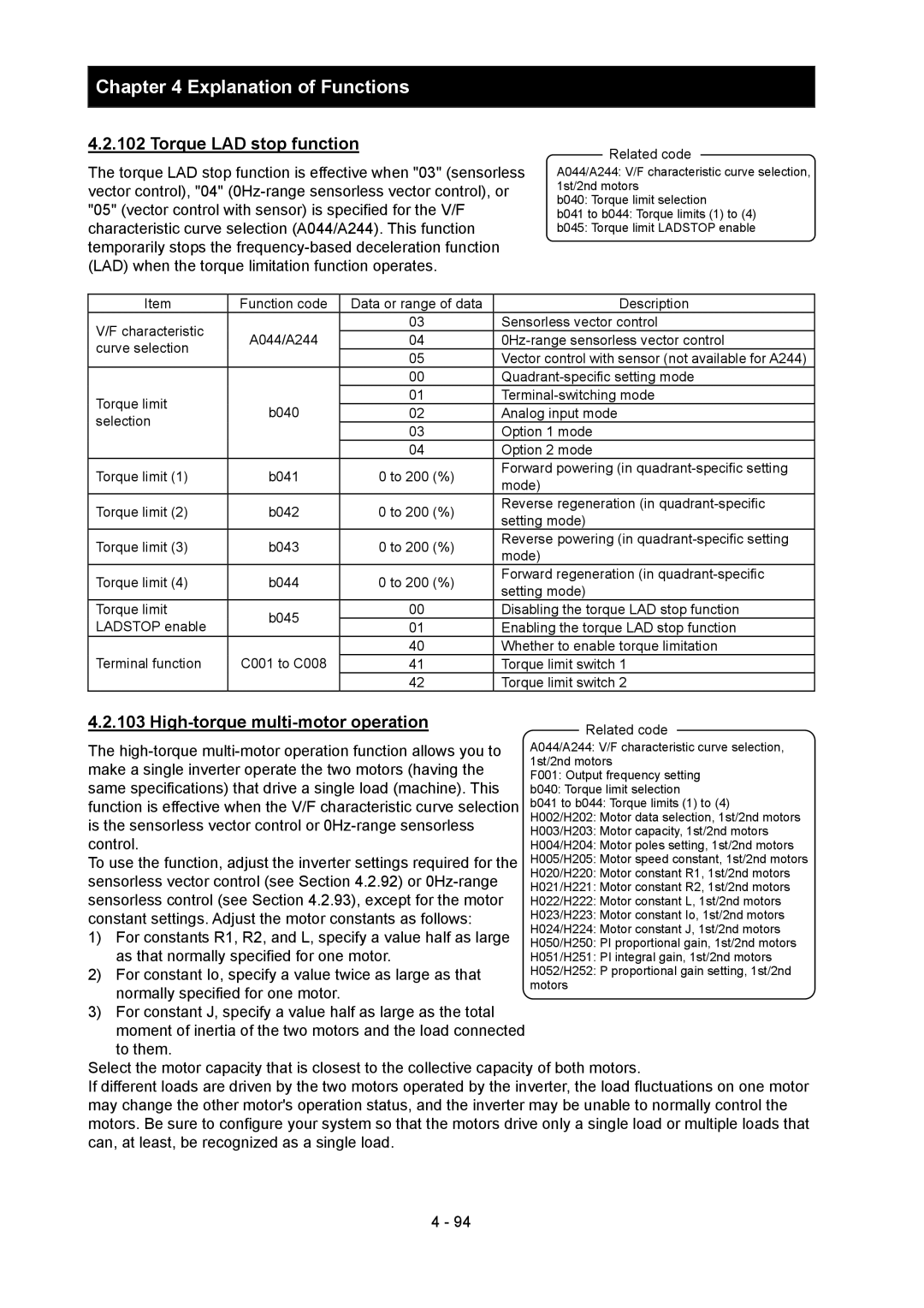 Hitachi SJ700-2 instruction manual Torque LAD stop function, High-torque multi-motor operation 